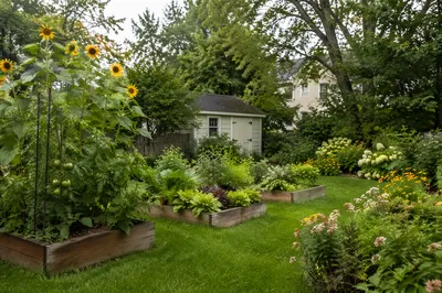 Early Summer Backyard Garden with Raised Beds