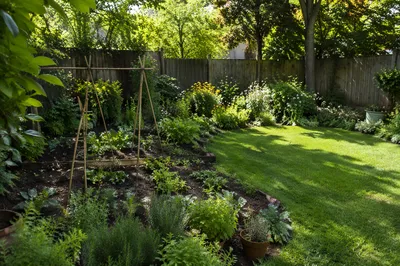 Late Spring Backyard Garden with Green Lawn