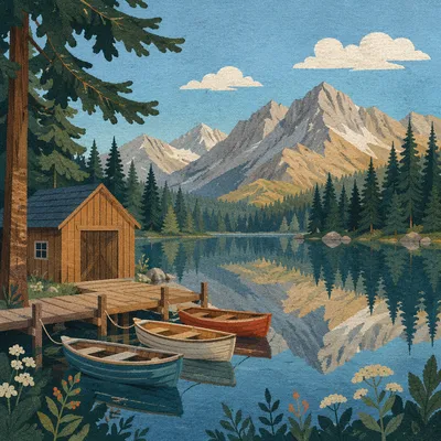 Calm Morning Lake Reflection With Mountain Peaks