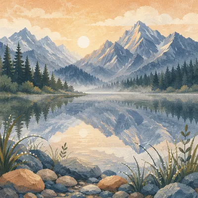 Calm Morning Lake with Mountain Reflection