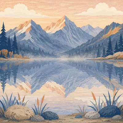Peaceful Morning Lake Reflection with Mountains