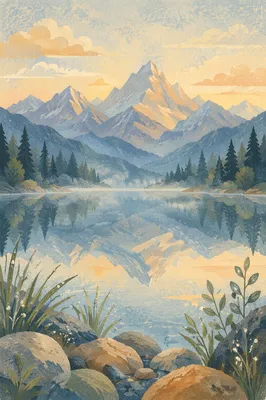 Peaceful Morning Lake and Mountain Reflection