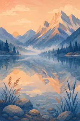 Calm Morning Lake with Mountain Reflection