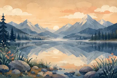 Calm Morning Lake Reflection in Mountains
