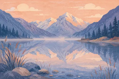 Calm Morning Lake with Mountain Reflection