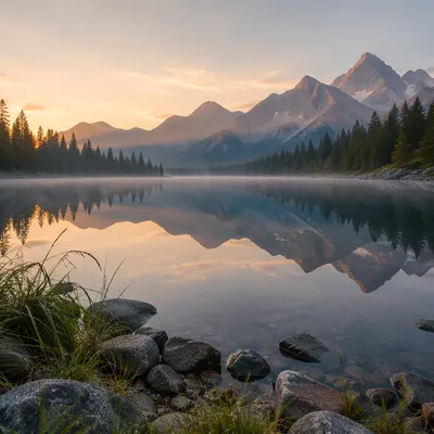 Serene Morning Lake with Mountain Reflections