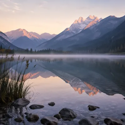 Calm Morning Lake Reflection with Mountains