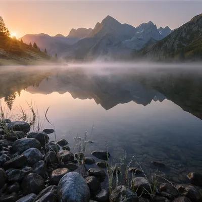 Calm Alpine Lake Morning Reflection