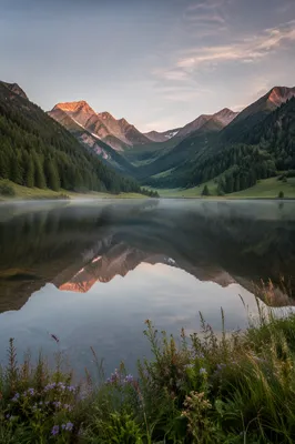 Serene Alpine Lake at Rose Gold Dawn