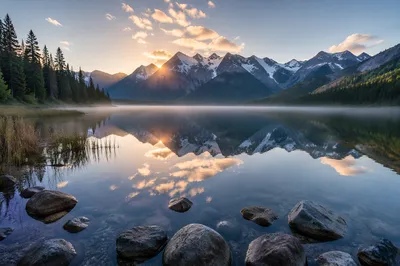 Calm Alpine Lake Reflection at Sunrise