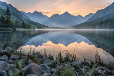 Calm Alpine Lake Reflection at Sunrise