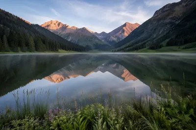 Serene Alpine Lake Morning Reflection