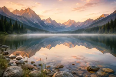 Serene Morning Lake with Mountain Reflections