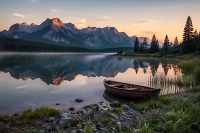 Calm Alpine Lake at Peach Sunrise