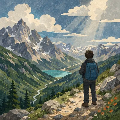 Lone Hiker Over Alpine Mountain Valley