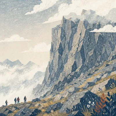 Misty Mountain Ridge With Distant Hikers