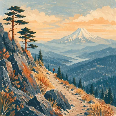 Golden Hour Mountain Trail with Distant Hiker