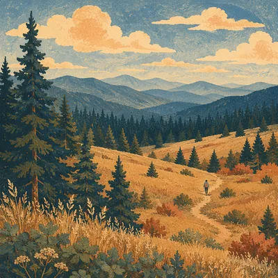 Peaceful Mountain Meadow with Distant Hiker