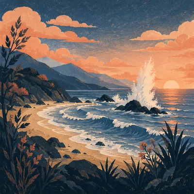 Peaceful Coastal Mountain Overlook at Sunset