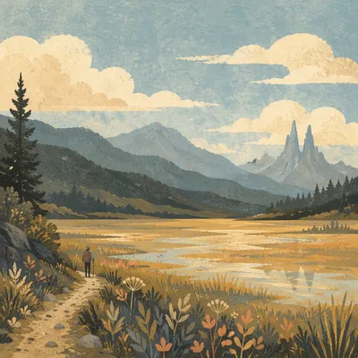 Peaceful Mountain Trail Above Golden Wetland