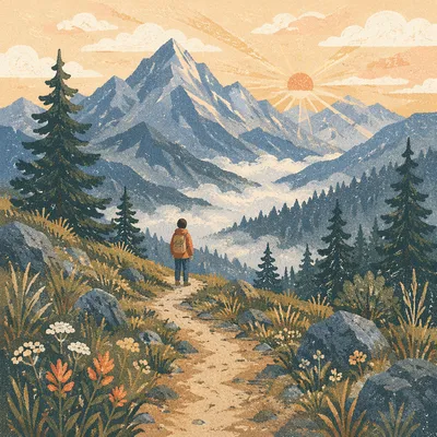 Peaceful Sunrise Hiker in Mountain Valley