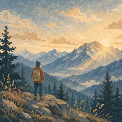 Quiet Hiker Before Misty Alpine Mountains