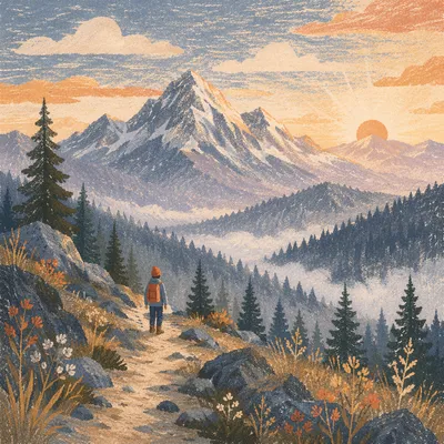 Dawn Hiker Among Misty Alpine Peaks