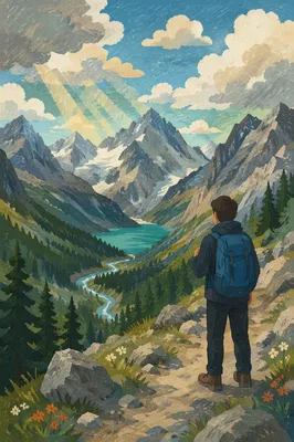 Lone Hiker Over Alpine Mountain Valley