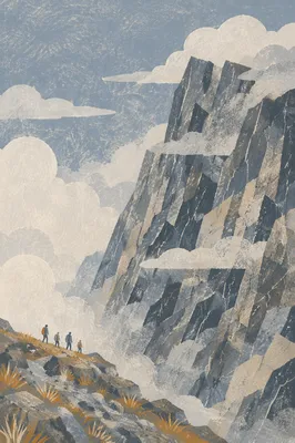 Misty Alpine Hikers Beneath Jagged Mountain Peak