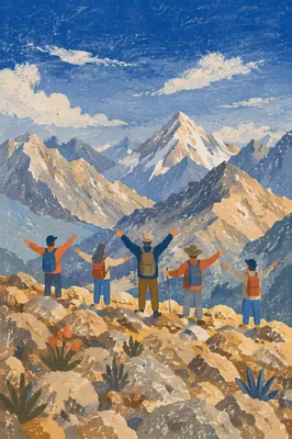 Joyful Hikers on Alpine Mountain Ridge