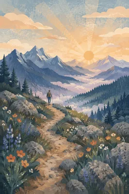 Peaceful Sunrise Hiking Trail Through Mountains