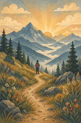 Sunrise Alpine Trail Through Misty Mountains
