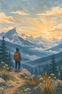Solitary Hiker Before Misty Alpine Mountains