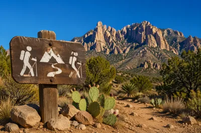 Desert Trail Marker Before Rugged Mountains