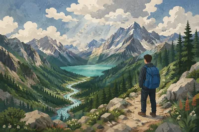 Lone Hiker Over Alpine Mountain Valley