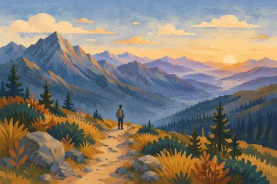 Autumn Sunrise Mountain Trail with Distant Hiker