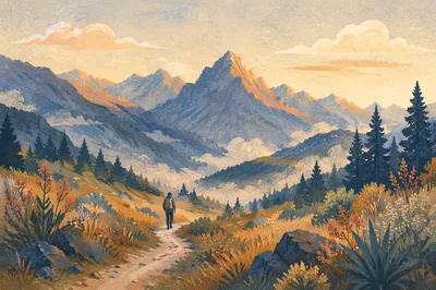Autumn Sunrise Hiker in Alpine Range