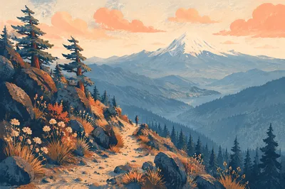 Golden Hour Mountain Trail and Distant Peak
