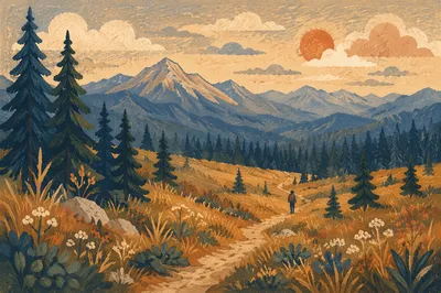 Peaceful Mountain Meadow Trail with Distant Hiker