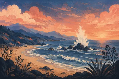 Peaceful Coastal Mountain Hiking Overlook at Sunset