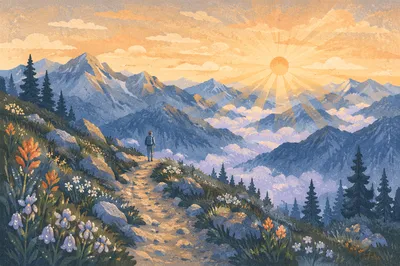 Peaceful Sunrise Hike Through Alpine Peaks