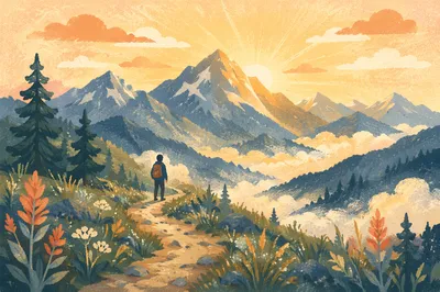 Sunrise Hiking Trail Through Alpine Mountains