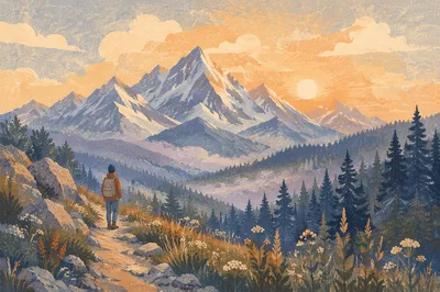 Dawn Mountain Trail with Lone Hiker