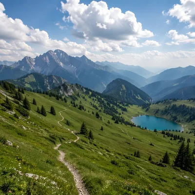 Alpine Hiking Trail with Turquoise Mountain Lake