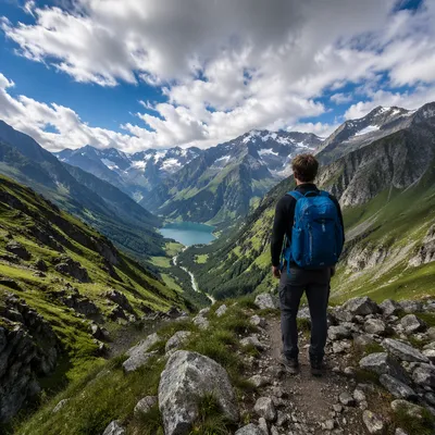 Lone Hiker Overlooking Alpine Mountain Valley