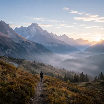 Alpine Sunrise Hiking Trail Mountain Landscape