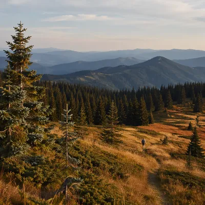 Golden Meadow Trail Toward Hazy Mountain Ridges