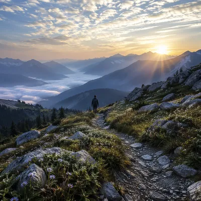 Sunrise Alpine Trail Toward Misty Mountain Peaks