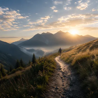 Sunrise Alpine Trail Toward Mountain Peaks