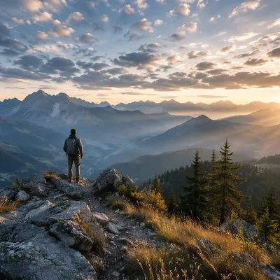 Sunrise Hiker Over Misty Mountain Ranges